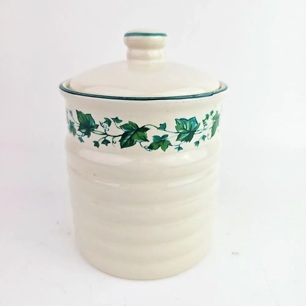 Vintage Himark Canister n Lid Cream Green Ivy Theme 6 x 4.50 inch Tight Seal